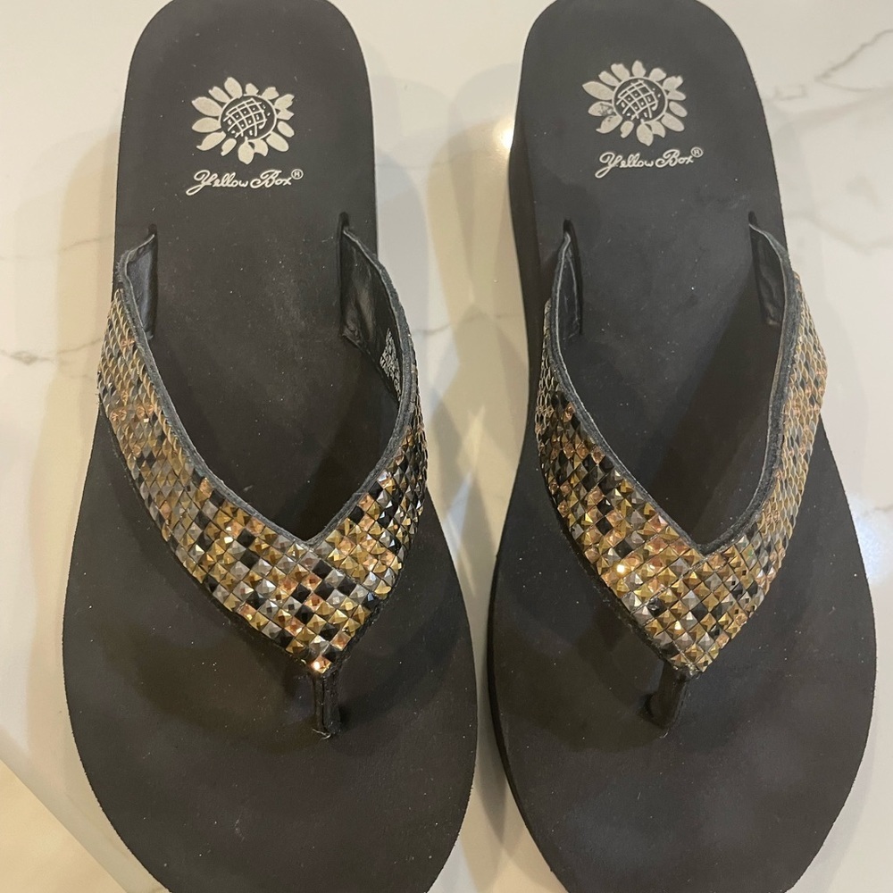 Yellow Box Black Wedge Flip-Flops with Rhinestones